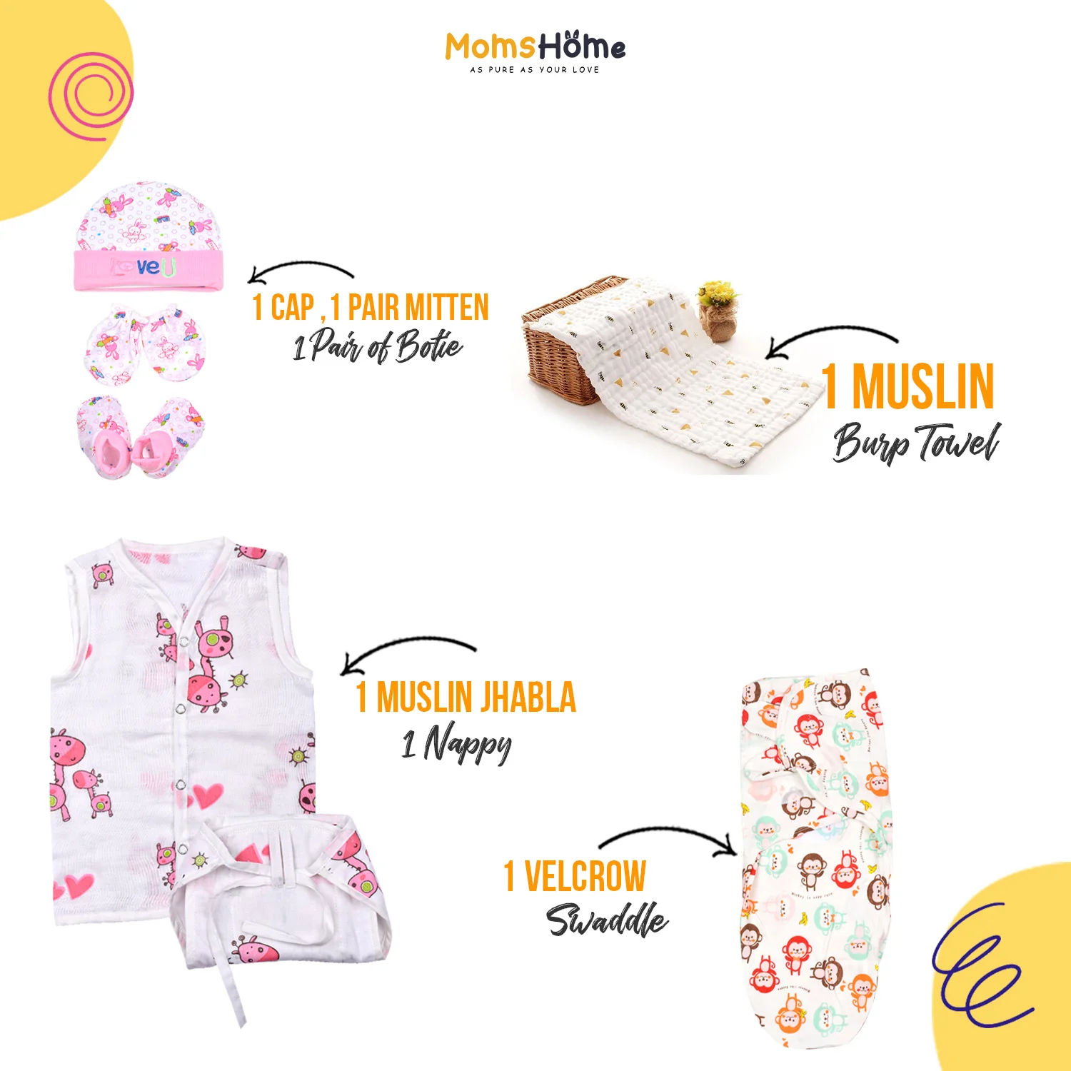 Moms Home New Born Organic Cotton Velcro Swaddle Wrap Gift Set of 7 Items - Pink Giraffe - Image 3