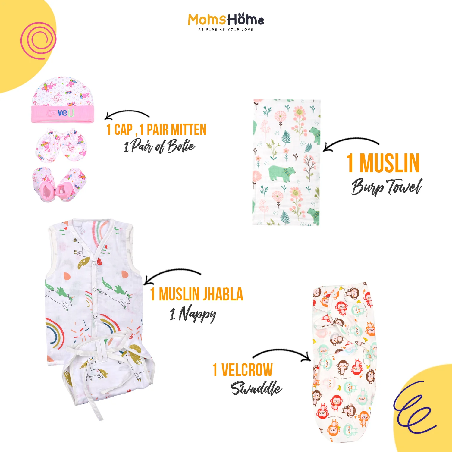 Moms Home New Born Organic Cotton Velcro Swaddle Wrap Gift Set of 7 Items - Unicorn - Image 3