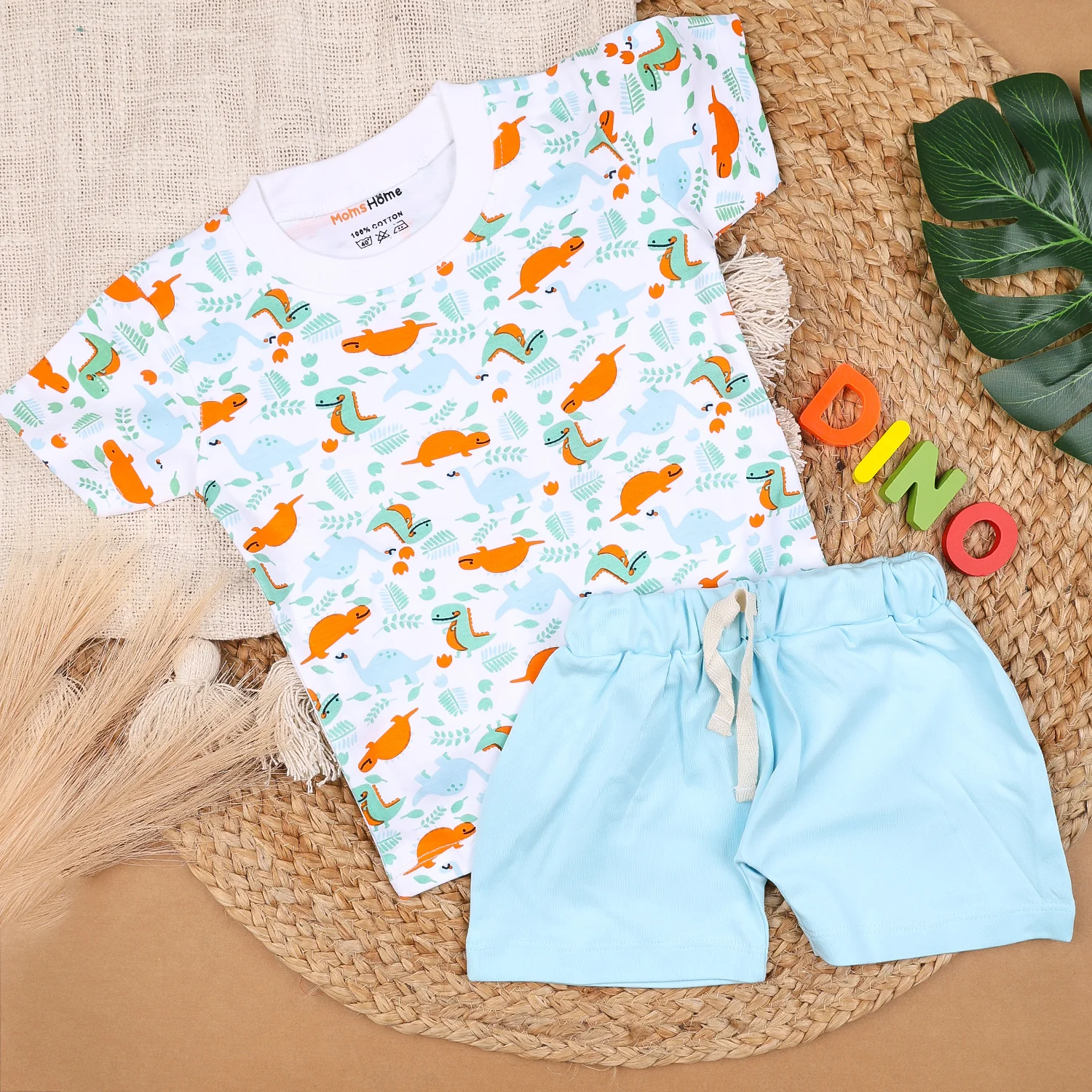 Kids Organic Cotton Co-Ord Set | T-Shirt & Shorts- Blue | Dino - Image 3