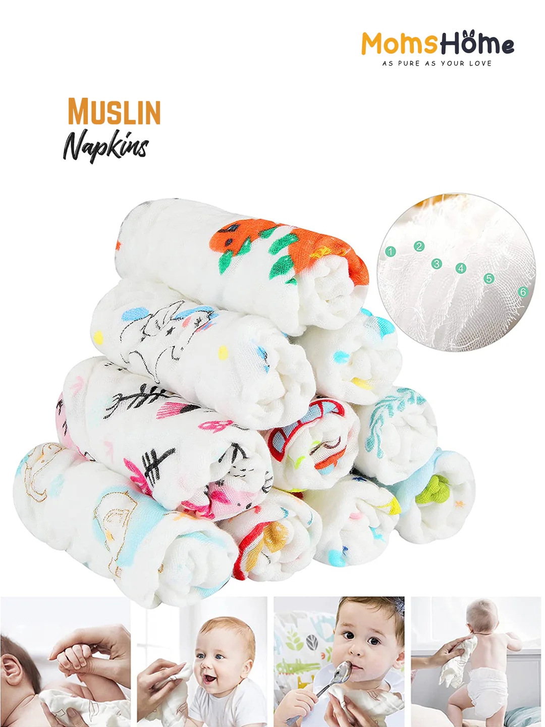 Moms Home Set Of 12 Pure Cotton Supersoft Baby Organic Cotton Muslin Gift Set - 12 Items - Image 4