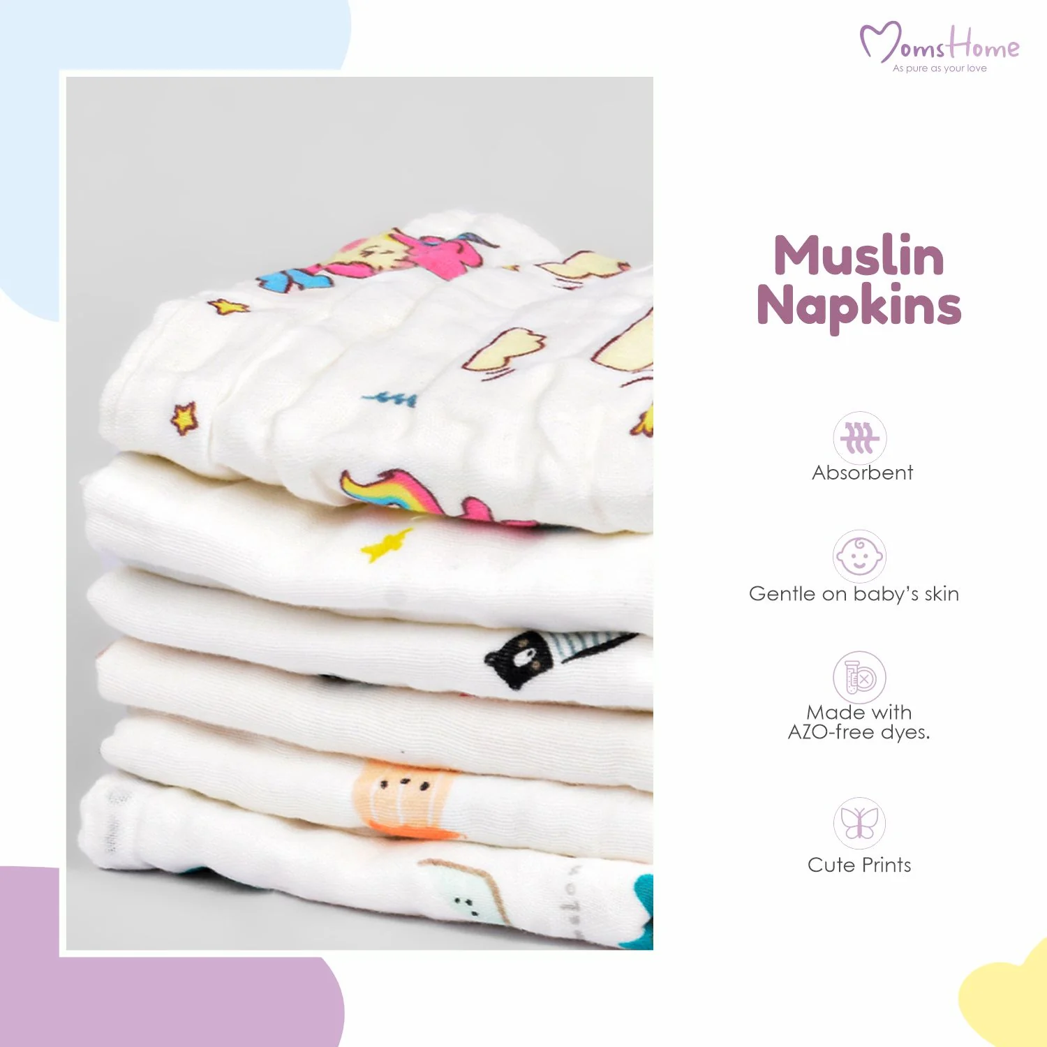 Baby Muslin 6 Layer Face wipes/ wash clothes- 30X30 CM - (0-3 Years) - Pack of 5 - Image 4