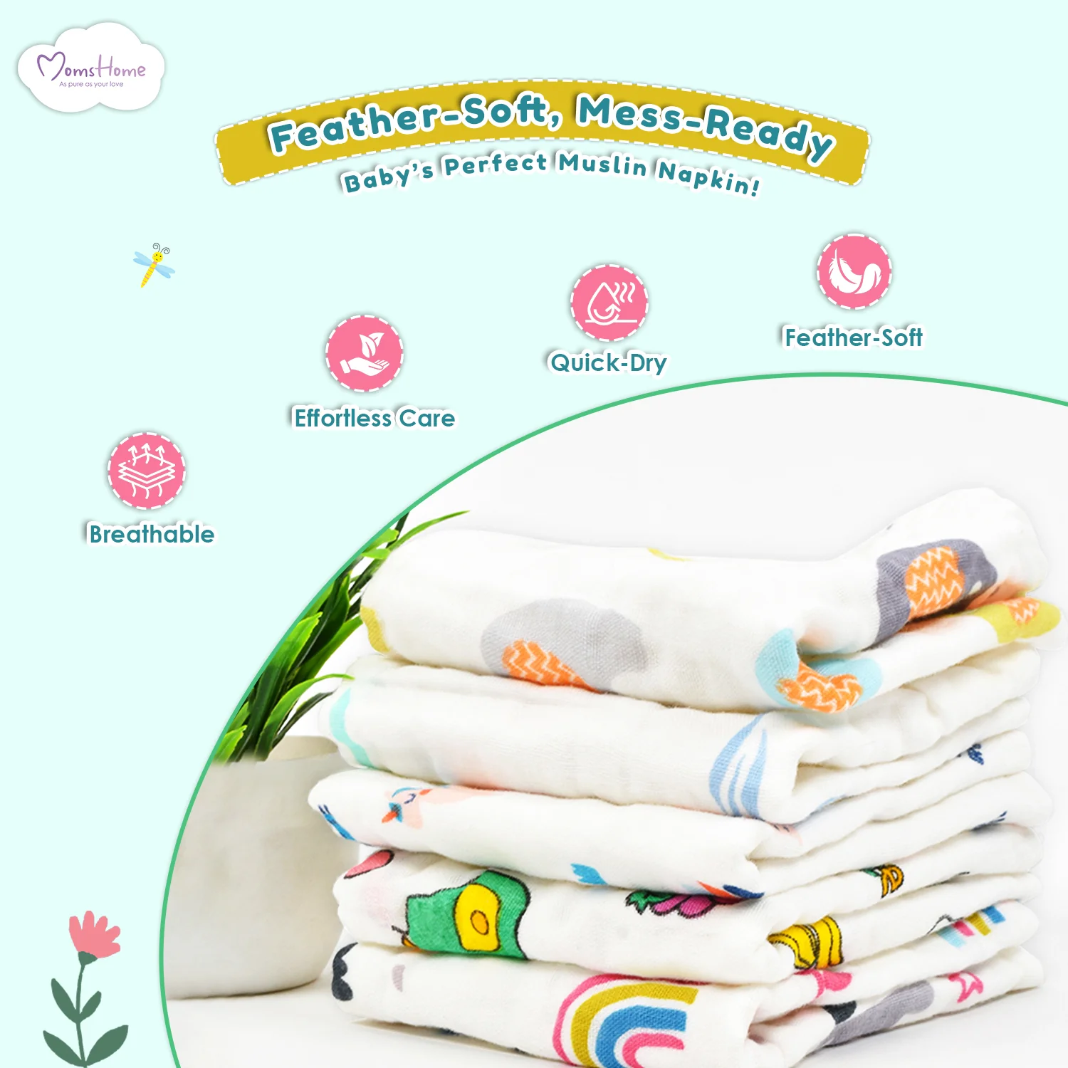 Baby Muslin 6 Layer Face wipes/ wash clothes- 30X30 CM - (0-3 Years) - Pack of 5 - Image 5