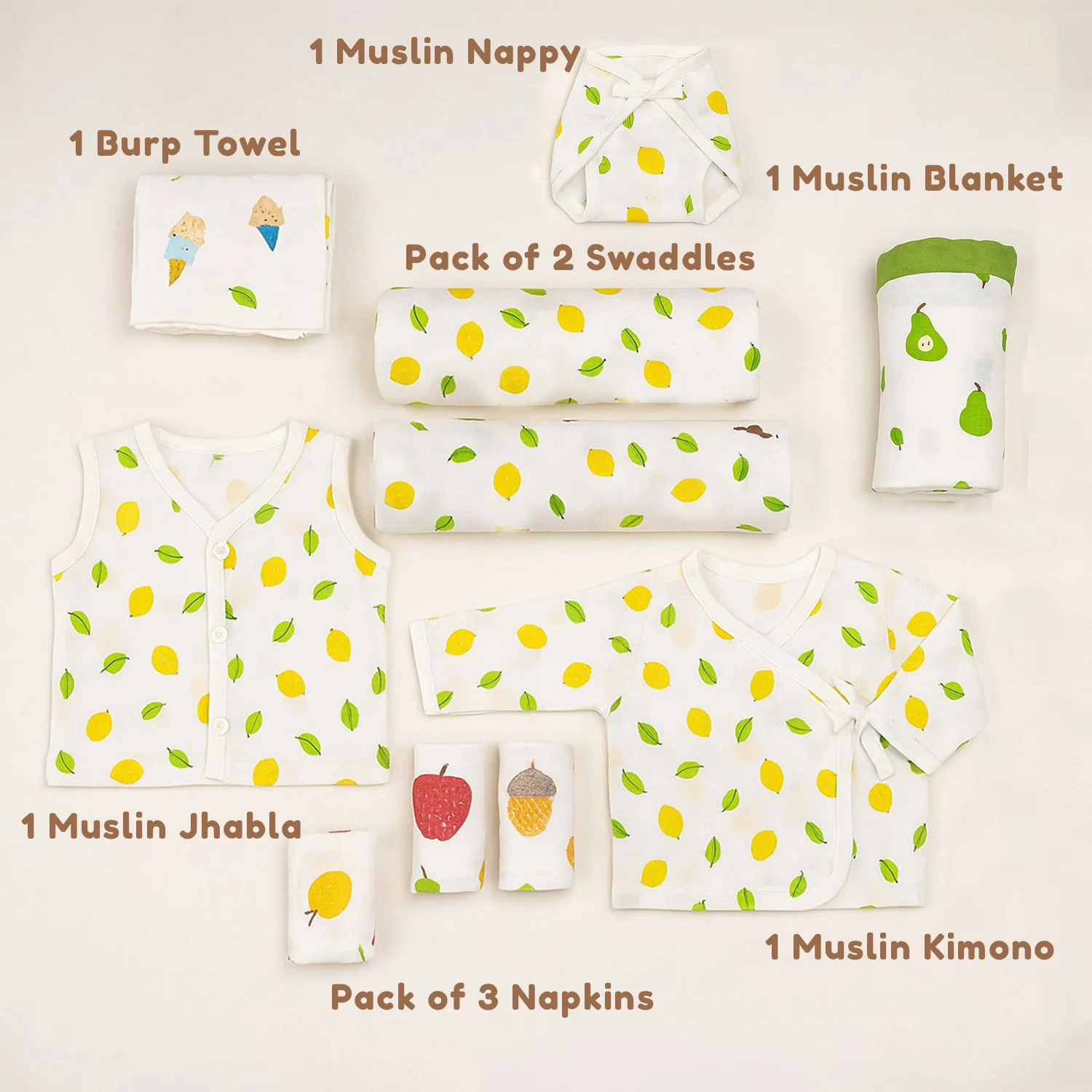 New Born Baby Muslin Gift Hamper | Baby Shower Gift Set | Baby Essential Clothes Set | Lemon | Pack of 10 - Image 4