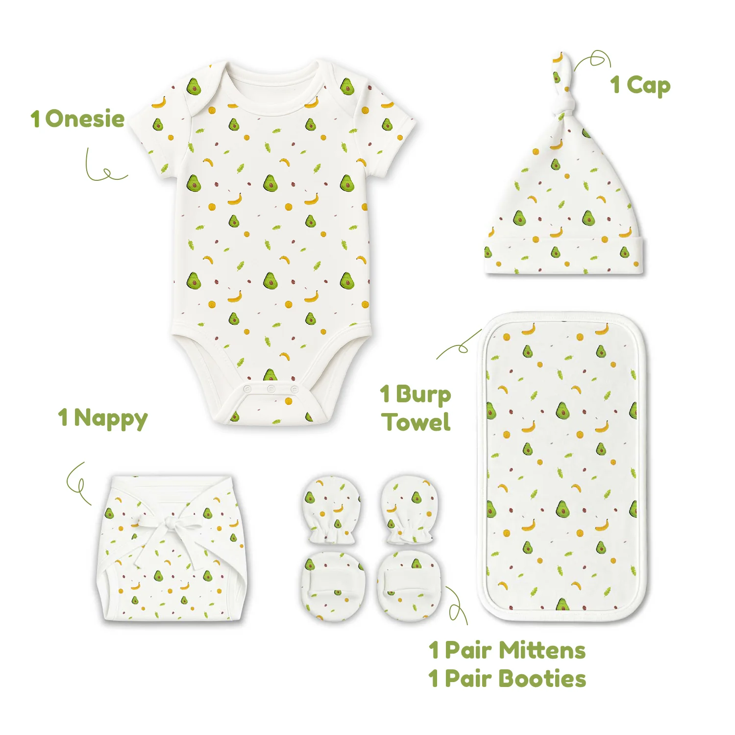 New Born Summer Essential Clothing For Boys & Girls | Organic Cotton Baby Clothing Set | Baby Shower Gift Hamper | 0-6 Months | Avocado | Pack of 6 - Image 4
