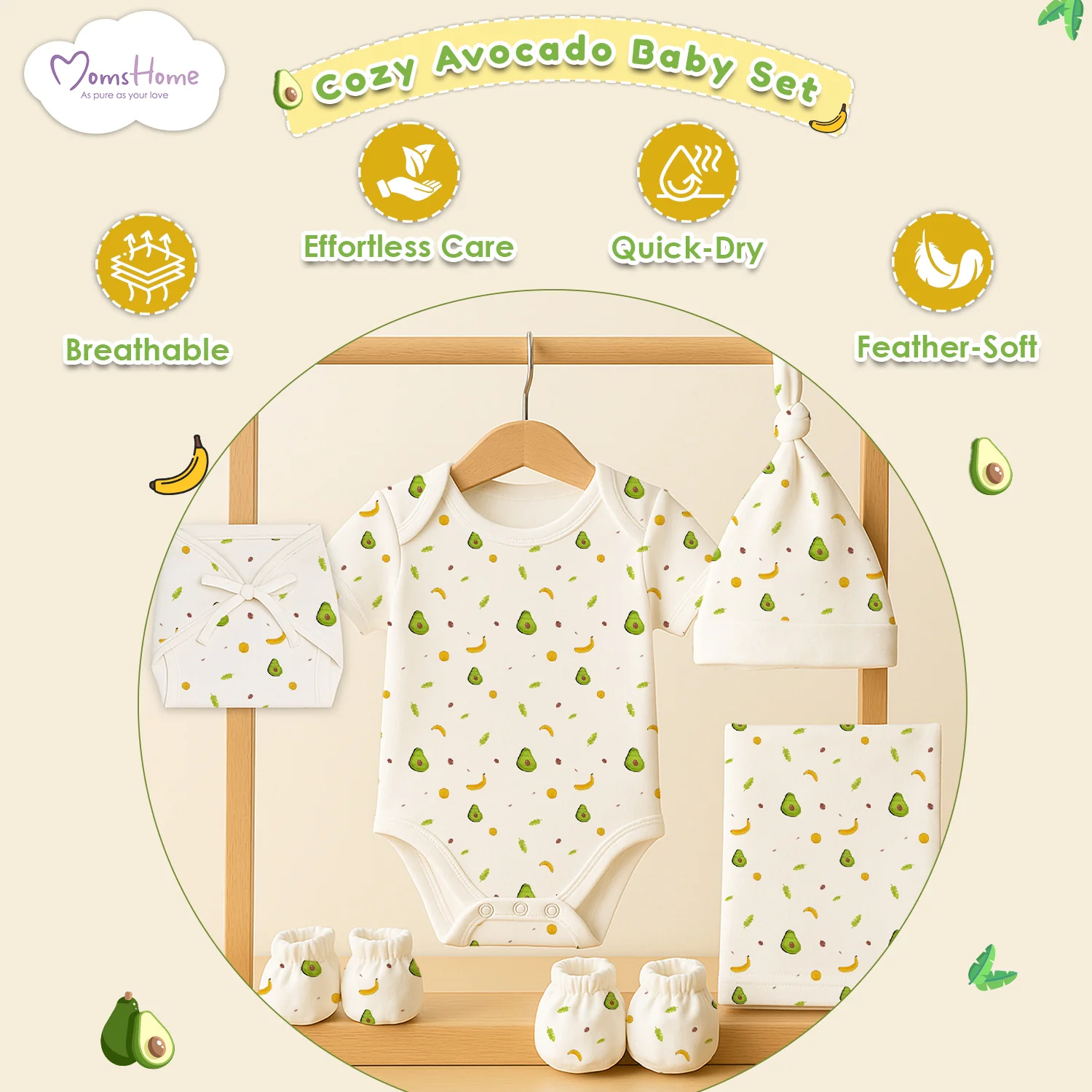 New Born Summer Essential Clothing For Boys & Girls | Organic Cotton Baby Clothing Set | Baby Shower Gift Hamper | 0-6 Months | Avocado | Pack of 6 - Image 5