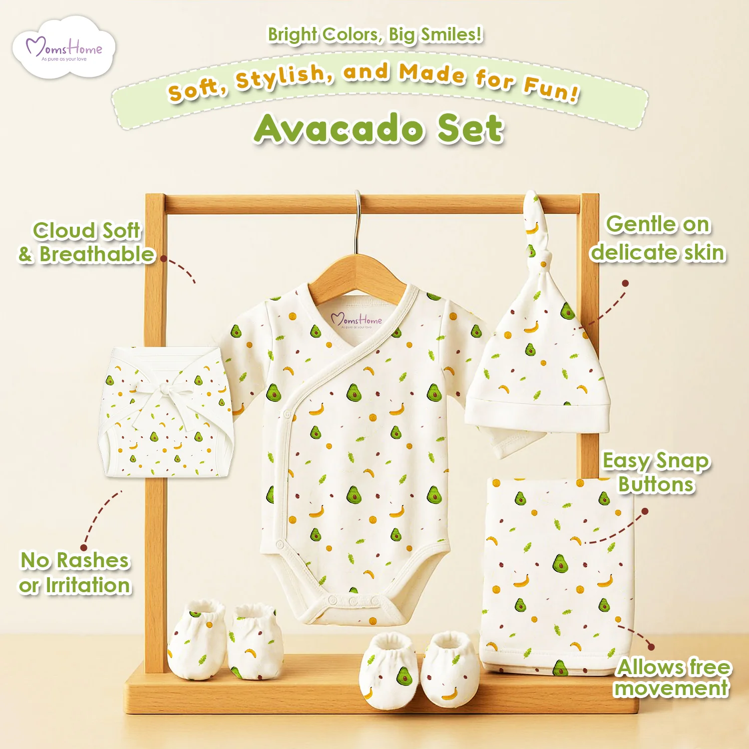 Organic Cotton Baby Clothing Set | Baby Essential Clothes For Boys & Girls | Baby Shower Gift Hamper | 0-6 Months | Avocado | Pack of 6 - Image 5