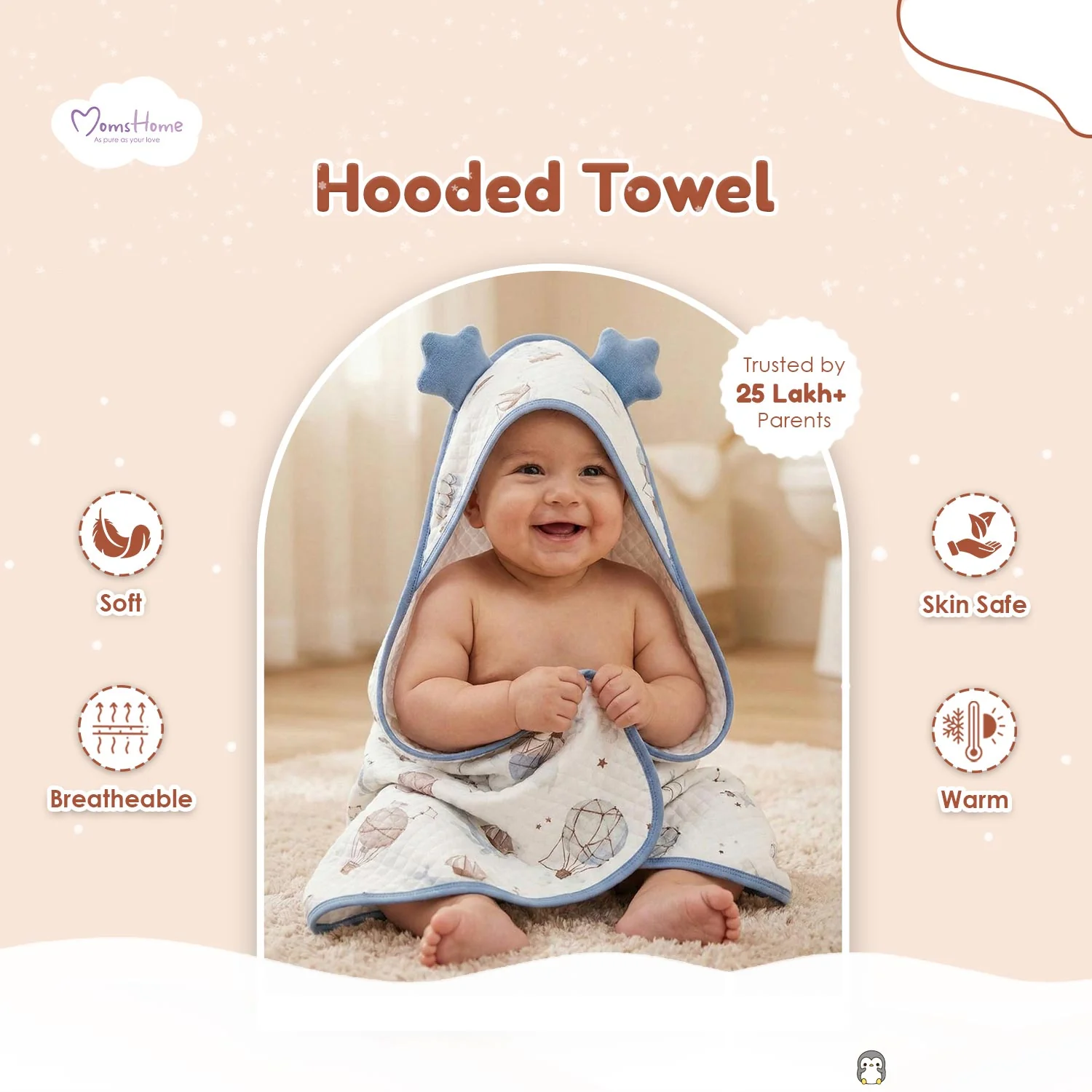 Organic Cotton Baby Hooded Bath Towel With Band | Super Soft & Quick Dry Newborn Towel | 0-18 Months - Image 3