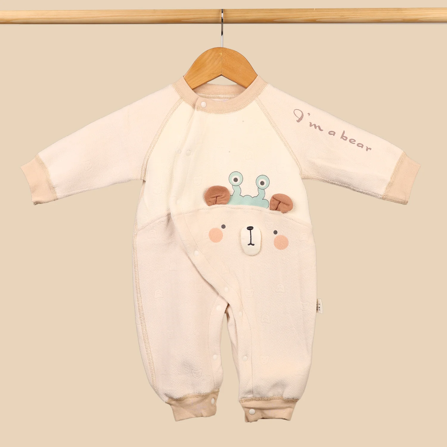 Organic Cotton Full Body Winter Romper for Babies | Soft & Warm Baby Romper | Bear | 0-6 Months | Pack of 1 - Image 3