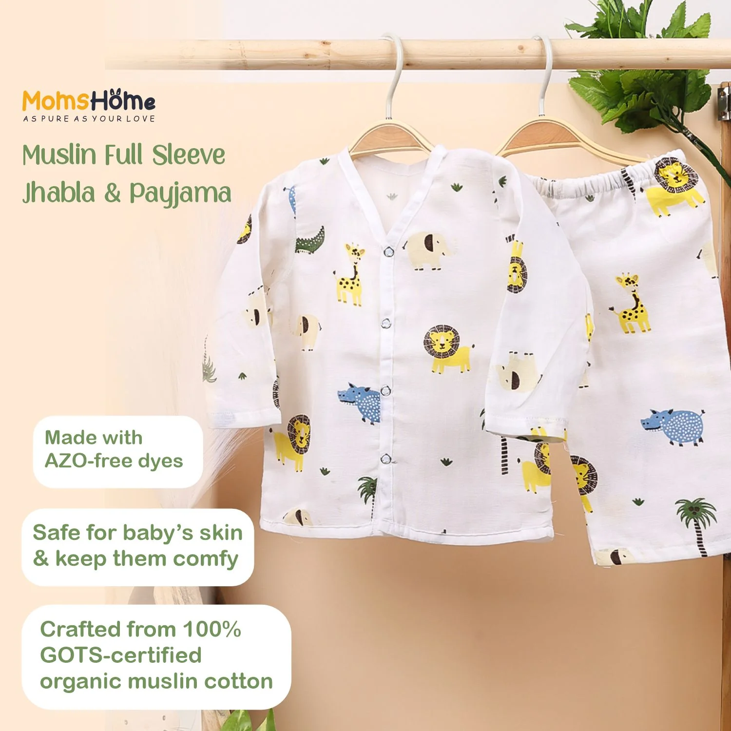 Organic Cotton Muslin Full Sleeves Jhabla & Pyjama For New Born | 0-12 Months | Avocado | Set of 1 - Image 3