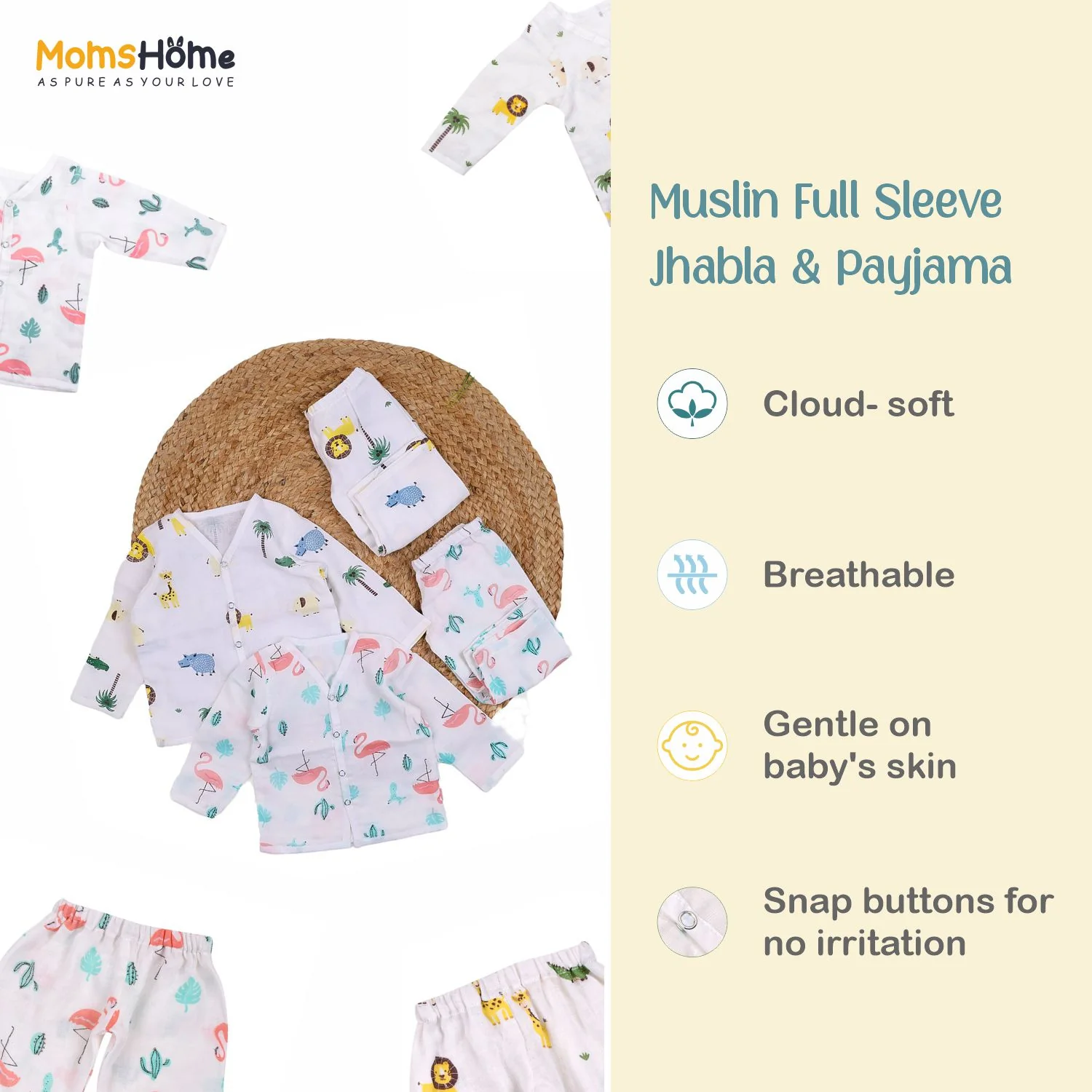 Organic Cotton Muslin Full Sleeves Jhabla & Pyjama For New Born | 0-12 Months | Avocado | Set of 1 - Image 4