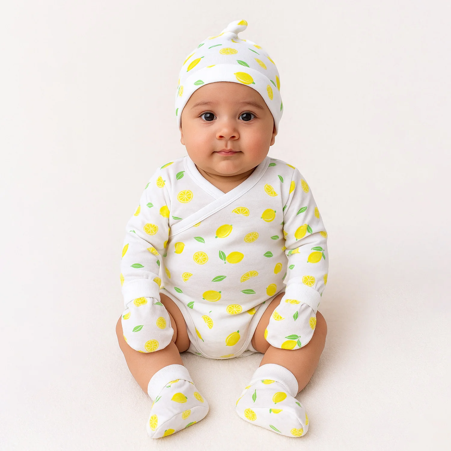 Organic Cotton Baby Essentials Gift Set | Baby Shower Gift Hamper | Baby Clothing Gift Combo | Lemon | Pack of 6 - Image 3